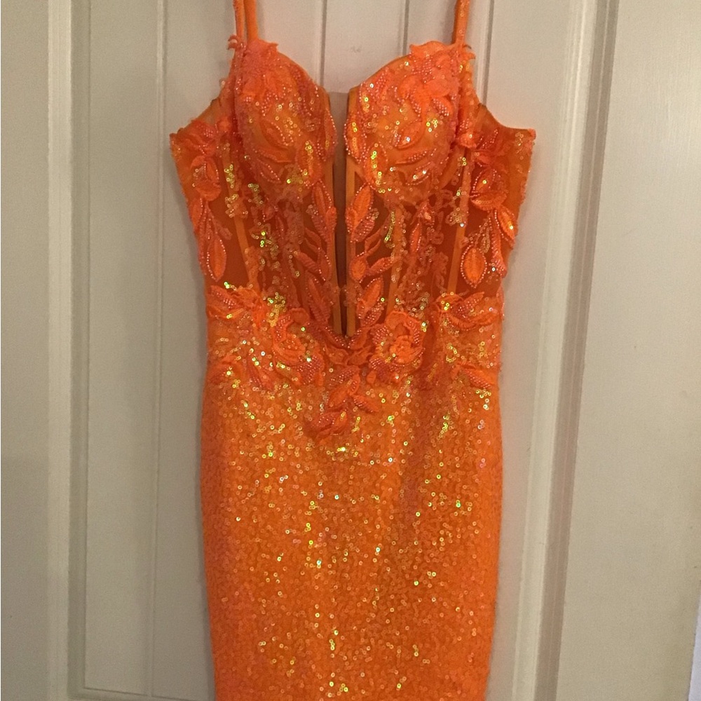 Orange Sequin Embellished Mini Dress